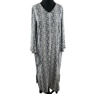 Coolibar Tanjier UPF 50+ Kaftan White Black Print Long Sleeve V-Neck Size Small